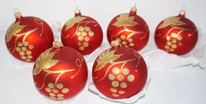 Set of 6 Red Gold Glitter Grape Cluster Glass Christmas Ornaments Balls 3.5" - Picture 1 of 6
