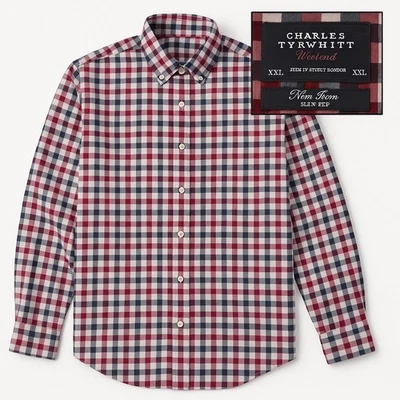 Camisa de Fin de Semana Charles Tyrwhitt XXL Calce Ajustado Sin Hierro Algodón Pesado Rojo Azul Cuadros Foto 1 de 4