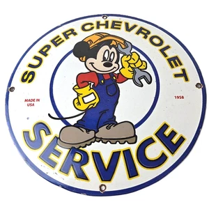 Vintage Chevrolet Porcelain Sign - Mickey Wrench Service Gas Pump Chevy Sign - Picture 1 of 14