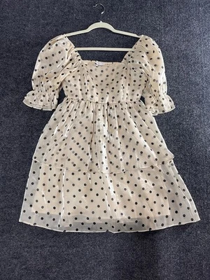 Vestido English Factory XS Mini Línea A Manga Globo Transparente Elegante Retro Lunares Foto 1 de 4