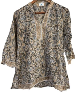 Tyger Lotus Tunic Wmn Floral Beige Green Boho Flowy Blouse Top Lightweight 42" C - Picture 1 of 4