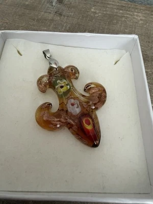 Cookie Lee Millefiori Art Glass Fleur De Lis Jewelry Pendant Amber Color - Image 1 of 4