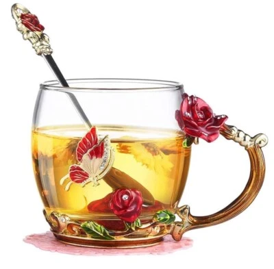 UNMARKED Elegant Red Rose Enamel Glass Tea Cup | Disney Inspired | Vintage | Christmas