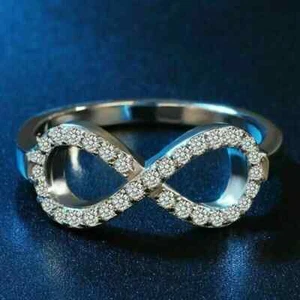 2Ct Round Cut Simulated Diamond Wedding Infinity Band Ring 14k White Gold Plated - Picture 1 of 11