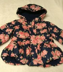 Girl's Sz 2T hooded warm Jacket, floral, color pink and navy blue ruffled