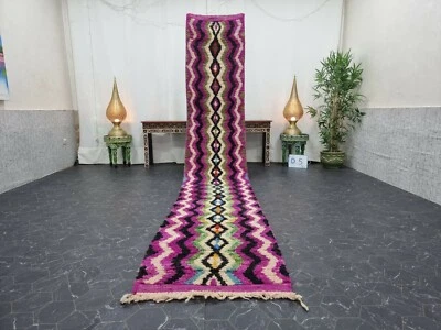 Alfombra Marroquí Boujaad Hecha a Mano 2'3"x13'4" Beréber Geométrica Púrpura Negra Alfombra de Lana  Foto 1 de 4