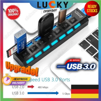 USB 3.0 Hub 7 Port Splitter Adapter Vertreter mit Netzteil Schalter Laptop PC - Bild 1 von 4