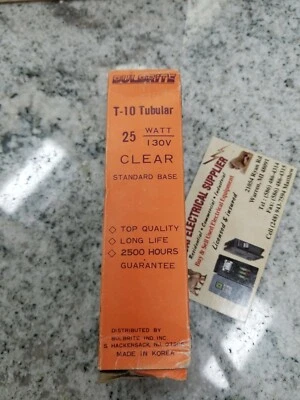   Bulbrite   T-10  Tubular  CLEAR STANDARD BASE  LIGHT  25-Watt   130V   (BOX#8) - Image 1 of 4