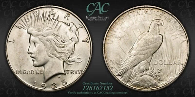 Мирный доллар 1935-S, VAM-4, DDR, Top 50, не бывший в обращении +, CACG MS-61, поп-музыка 1 - Изображение 1 из 4