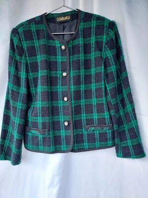 Blazer feminino casablanca vintage tamanho 14 verde/azul xadrez jaqueta de tweed - Imagem 1 de 4