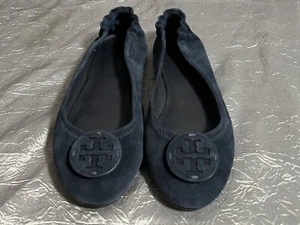 Tory Burch Minne Travel Ballet Flats Leather & Suede Navy Blue Size 7.5M - Picture 1 of 11