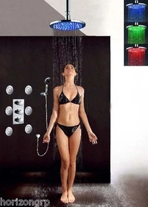 Juego de ducha de baño de lujo LED 12" cabezal de ducha redondo con chorros de aerosol de masaje corporal - Imagen 1 de 12