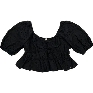 Blusa donna A New Day taglia XL nera pizzo occhielli manica a sbuffo boho peplo crop top - Foto 1 di 8