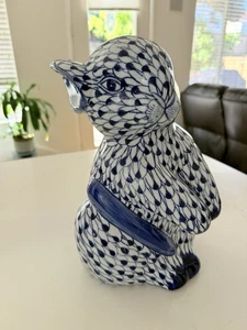 Large Porcelain Blue & White Fishnet Design Bunny Rabbit Figurine 12” - Picture 1 of 6