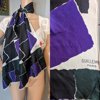 Vintage Silk Marcel Guillemin 60s French Abstract Purple Long Scarf Cravat 62"" - Image 1 of 4