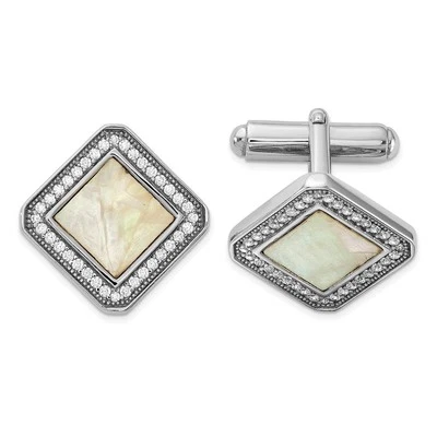 Sterling Silver Rhodium-plated CZ and Mother of Pearl Square Cuff Links - Image 1 of 2