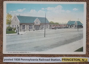 pstd 1938 Pennsylvania Railroad Station, PRINCETON, N.J. POSTCARD LITHO COLOR WB - Picture 1 of 2