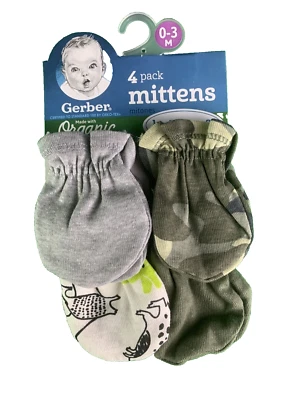 Paquete de 4 guantes Gerber de algodón orgánico talla 0 a 3M camuflaje dinosaurios, gris Foto 1 de 2