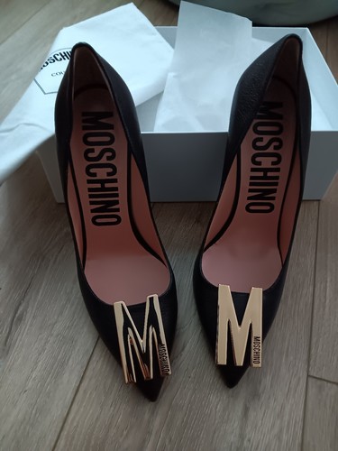 Scarpe décolleté in pelle logo Moschino monogramma tacchi alti oro nero taglia 41
