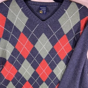 Vintage Nautica Sweater Herren L Collegiate Argyle Rundhals Pullover Y2K Americana - Bild 1 von 6