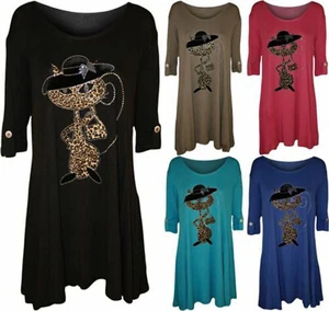 Women Cat Leopard Animal Print Short Sleeve Diamante Flared Ladies Baggy Top - Picture 1 of 12
