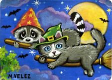 Raccoon Cat Kitten Witches Broom Flying Halloween Moon ACEO Print from Original
