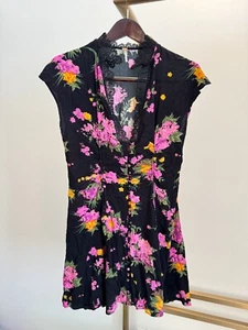 Free People Sz 8 Alora Mini Dress Black Pink Orange Floral Lace V Neck Buttons - Picture 1 of 5