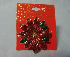 WEIHNACHTEN WEIHNACHTSSTERN BLUME ROT GRÜN GLITZER GOLD FEIERTAG ANSTECKNADEL BROSCHE NEU - Bild 1 von 2