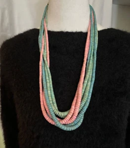 Handgefertigte Multi Strang Perlen Halskette Blau Rosa Aqua 13" L Hakenverschluss/Holzperlen - Bild 1 von 4