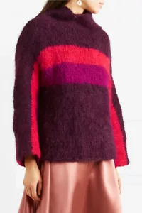 Maglione $1950 ROSIE ASSOULIN nuovo con etichette alpaca peloso fuzzy oversize bordeaux a righe - Foto 1 di 12