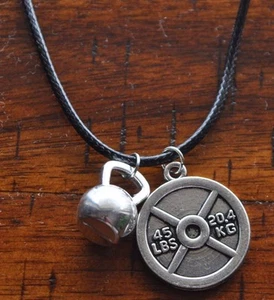 Barbell Weight Plate & Kettlebell Pendant Necklace Bodybuilding Muscle Crossfit - Picture 1 of 3