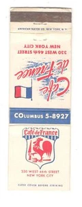 CAFE DE FRANCE 46TH STREET NEW YORK CITY Vintage Matchbook Cubierta SM2 - Imagen 1 de 2