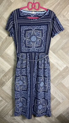 White Stuff Dress Patterned Blue & White Pockets Linen Blend Tie Waist Size 10 - Image 1 of 4