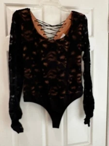 NWT Bisou Bisou Women`s Black Lace Bodysuit Blouse Lace-up Back SEXY! Size L - Picture 1 of 14