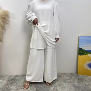 2 Piece Abaya Women Muslim Blouse Top Wide Leg Pants Sets Kaftan Islamic Outfits - Picture 1 of 53