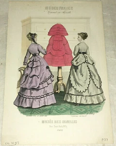 Grabado de moda fino coloreado a mano de Modes Vraies París: 1868 - Imagen 1 de 4