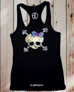 Bling SKULL weights Sequin Racerback Tank Top workout sports crossfit training - Picture 1 of 6
