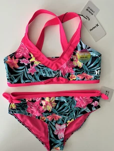 Hurley Two-Piece Pink Black Tropical Bikini Swimsuit Girls Sz XL (13-15yrs) NEW - Picture 1 of 7