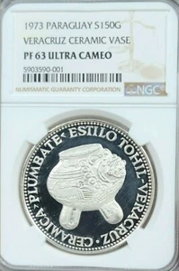 1973 PARAGUAY SILVER 150 GUARANIES VERACRUZ CERAMIC VASE NGC PF 63 ULTRA CAMEO - Picture 1 of 4