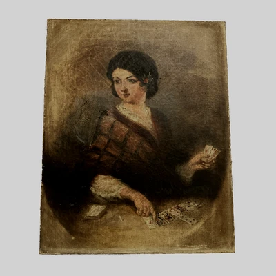 Antique oil painting on canvas "Young Woman Playing Cards" - Image 1 of 4