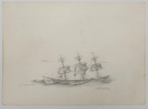 drawing ZEICHNUNG SKIZZE Lapislazuli auf Papier 1900 "SEGELSCHIFF BOOT SCHIFF" 75 - Bild 1 von 2