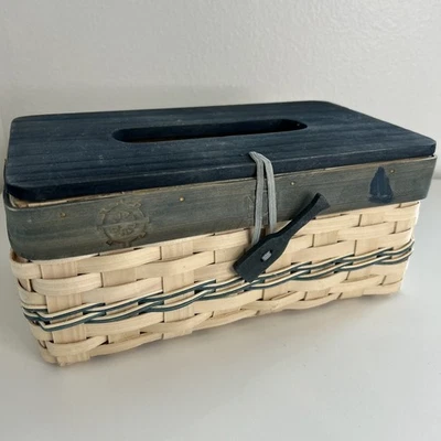Vintage Long Tissue Kleenex Basket Box with Lid nautical Beach House blue boats - Image 1 of 4