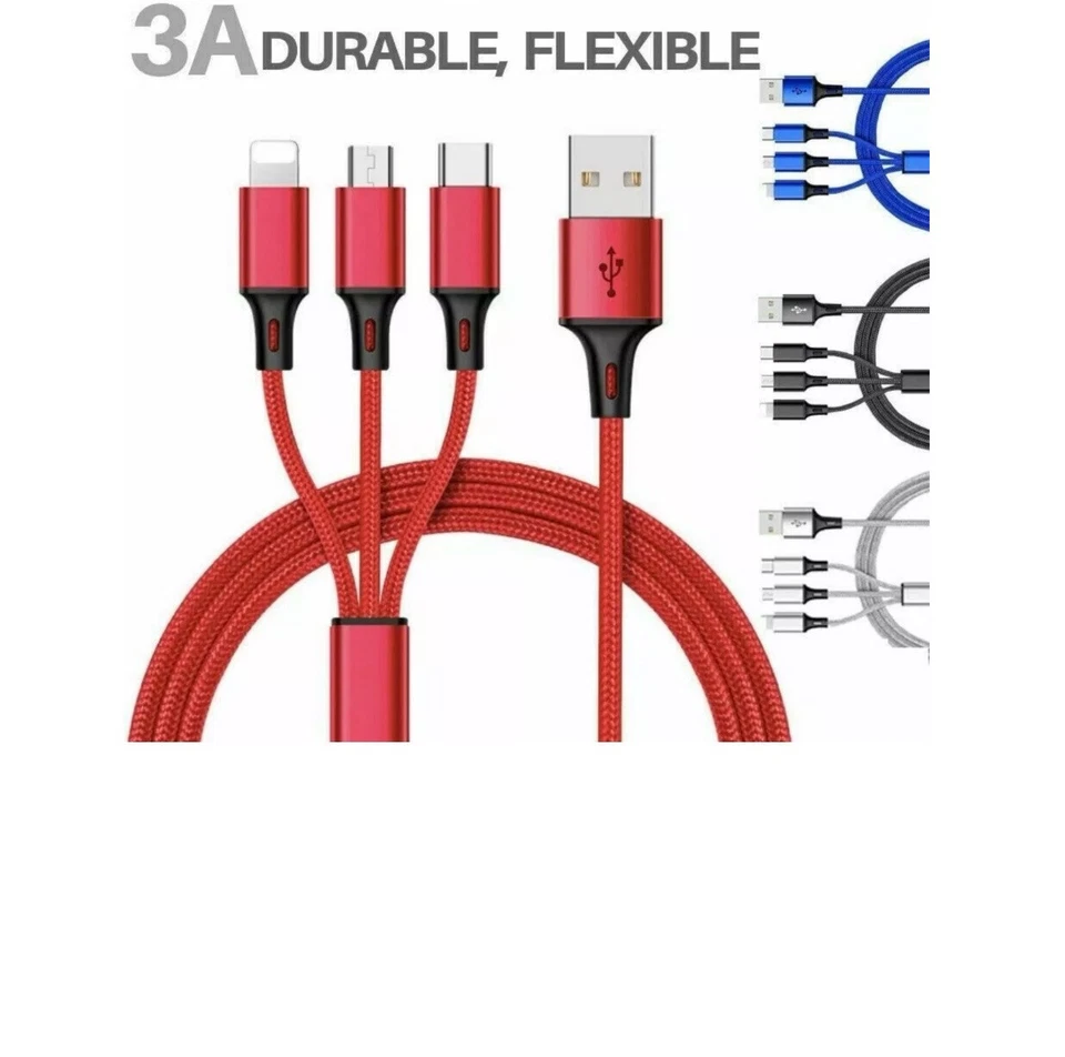 USB Fast Charger Cable For iPhone Android And C All in One Color Red, Black, Gr. - Image 1 of 4