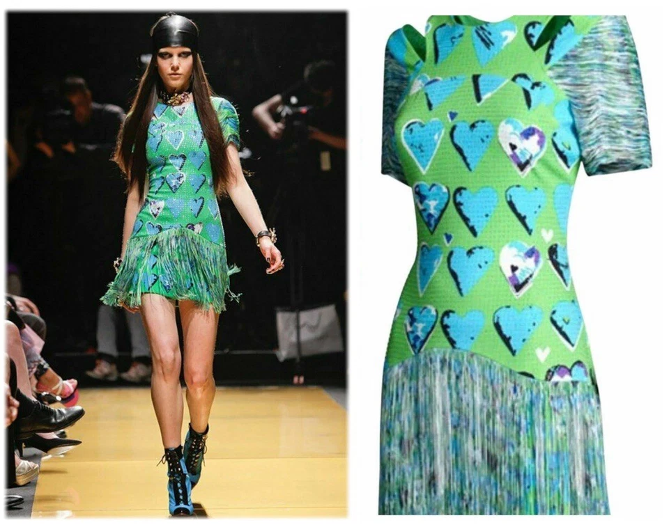 Vestido Versace para H&M Colaboración AU-UK4 US8 EU38 Mini Verde Azul Flecos Estampado Corazón Foto 1 de 4