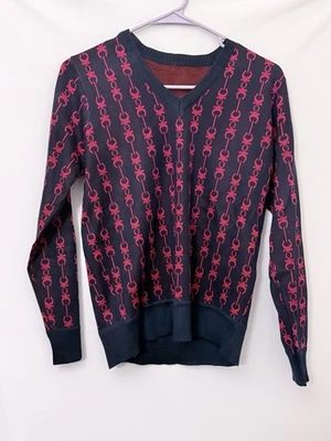 Suéter Vintage Años 80 90 Geométrico Patrón Cadena Azul Marino Rojo Cuello en V Retro Mediano Foto 1 de 4