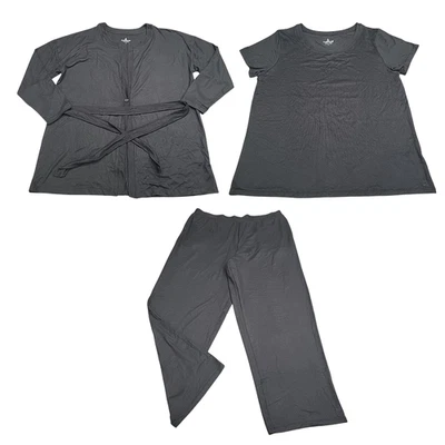 Conjunto de salón Cuddl Duds para mujer talla grande negro con cinturón cárdigan pantalones camiseta Foto 1 de 4