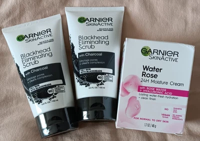 Garnier Water Rose 24H Moisture Cream Blackhead Eliminating Scrub Skincare Lot - Image 1 of 4