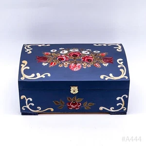 Vintage Wooden Chest with Floral Decor, Hand Painted Blue | 26x17cm - Picture 1 of 12