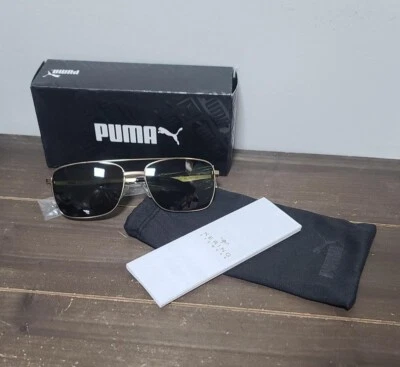 Puma Square Gold Metal Frame Sunglasses Gold/Gold/Green NIB - Image 1 of 2