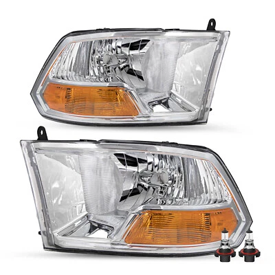Pair Headlights For 2009-2012 Dodge Ram 1500 2500 3500 Chrome Headlamp W/Bulbs - Image 1 of 4